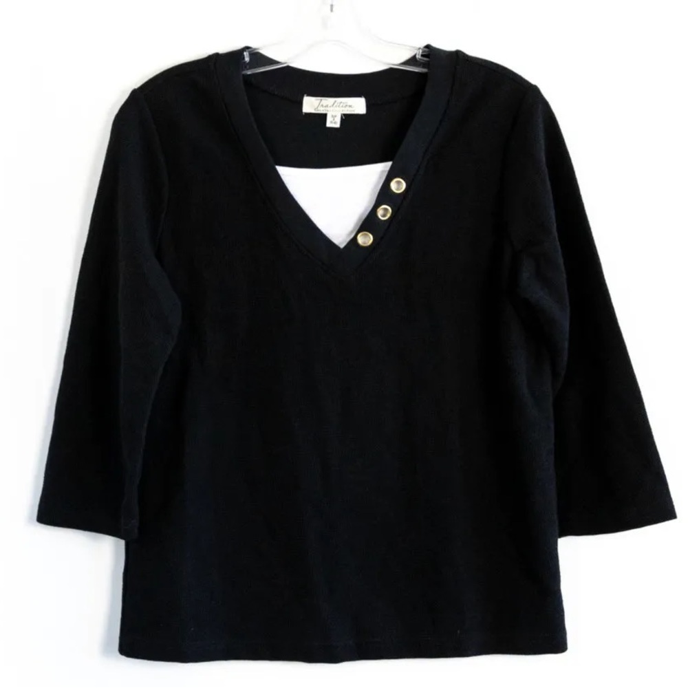 NWOT black white basic top 3/4 sleeve cotton comfy Tradition loungewear work